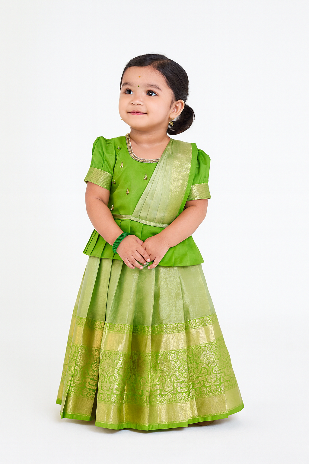 Kids Green Traditional AARI Work Pattu Pavadai With Duppata PPP1616
