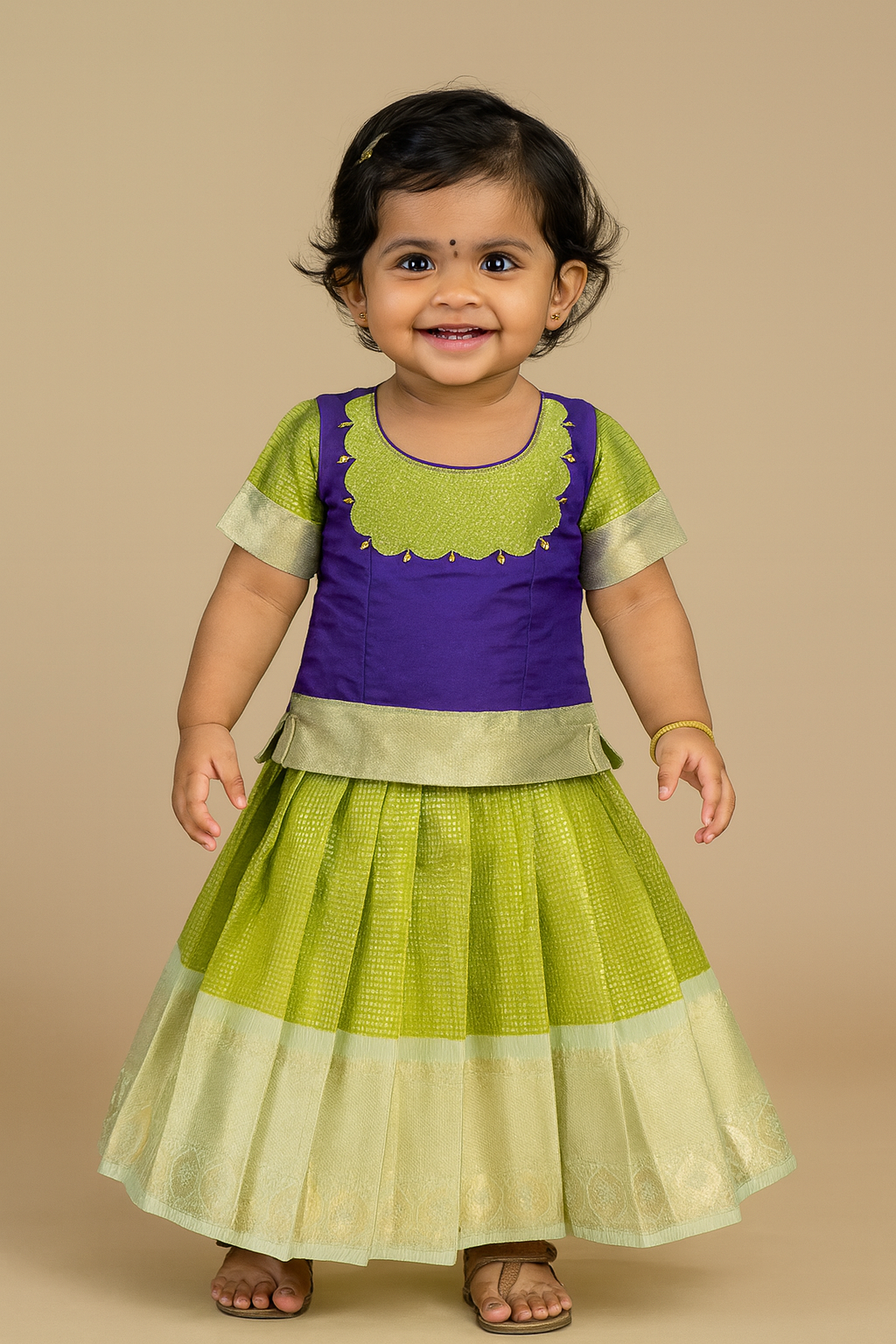 Kids Light Green with purple Traditional Pattupavadai PPP1703