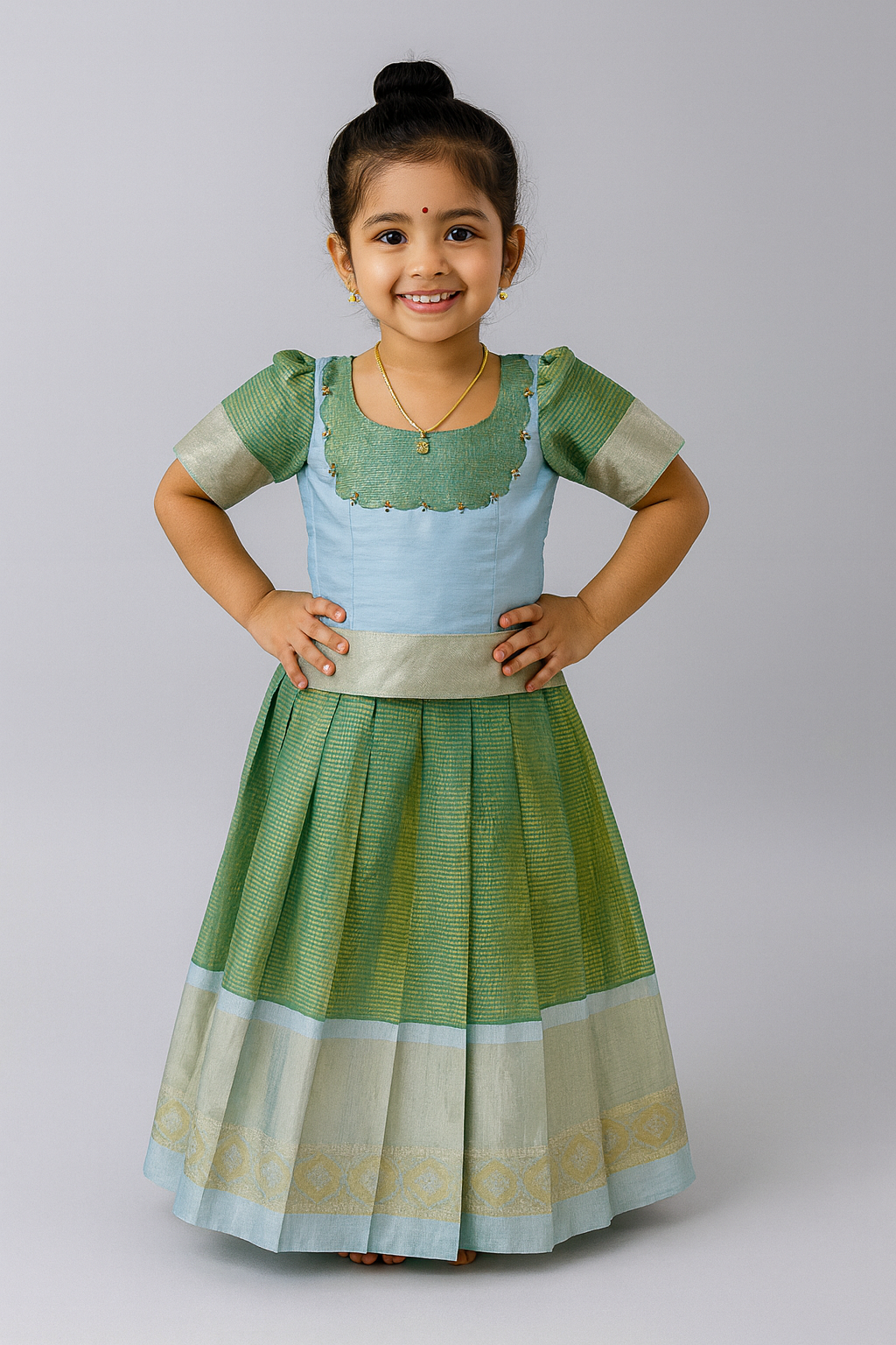 Kids Green With skyblue Traditional Pattupavadai PPP1699