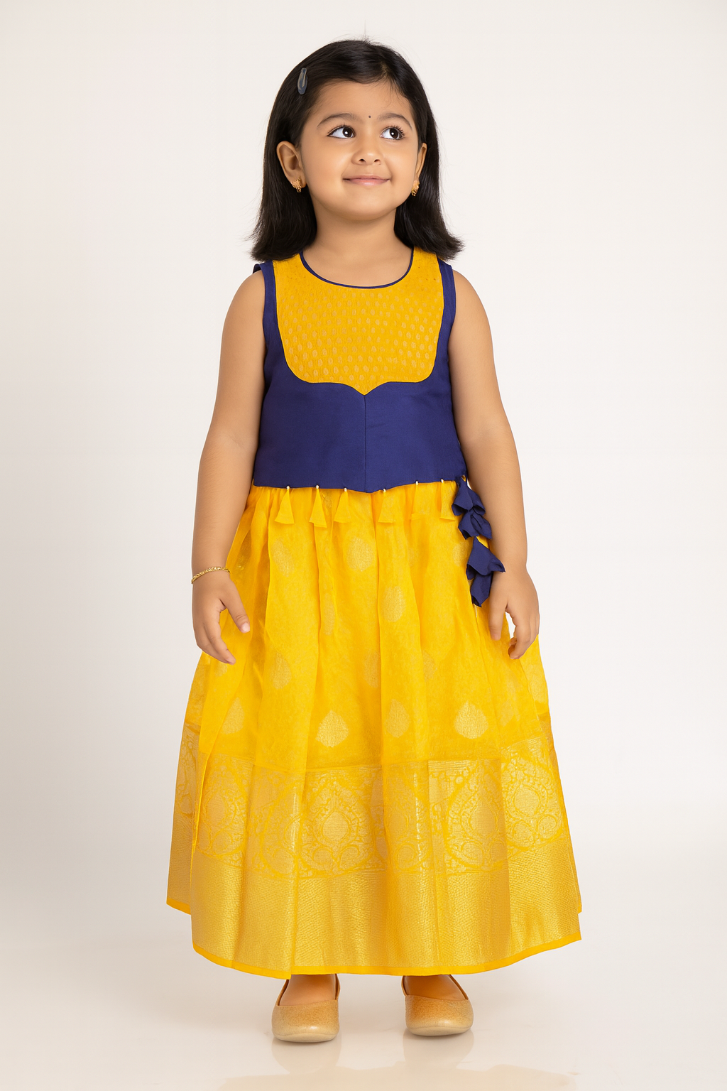 Kids Yellow and Navy Blue Trendy Pattu pavadai PPP1763