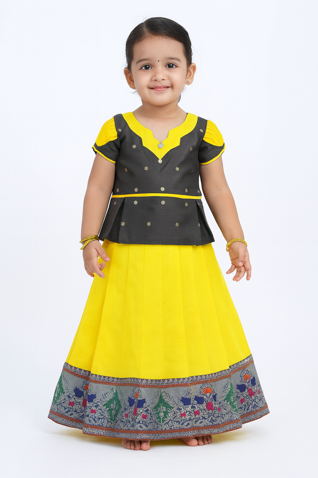 Kids Yellow Grey Traditional Pattupavadai PPP1511