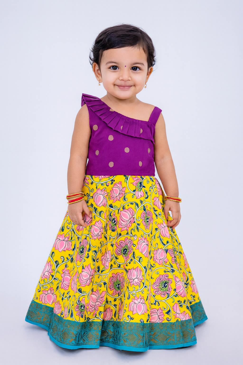Kids Purple And Yellow Knot Pattu pavadai PPP1479
