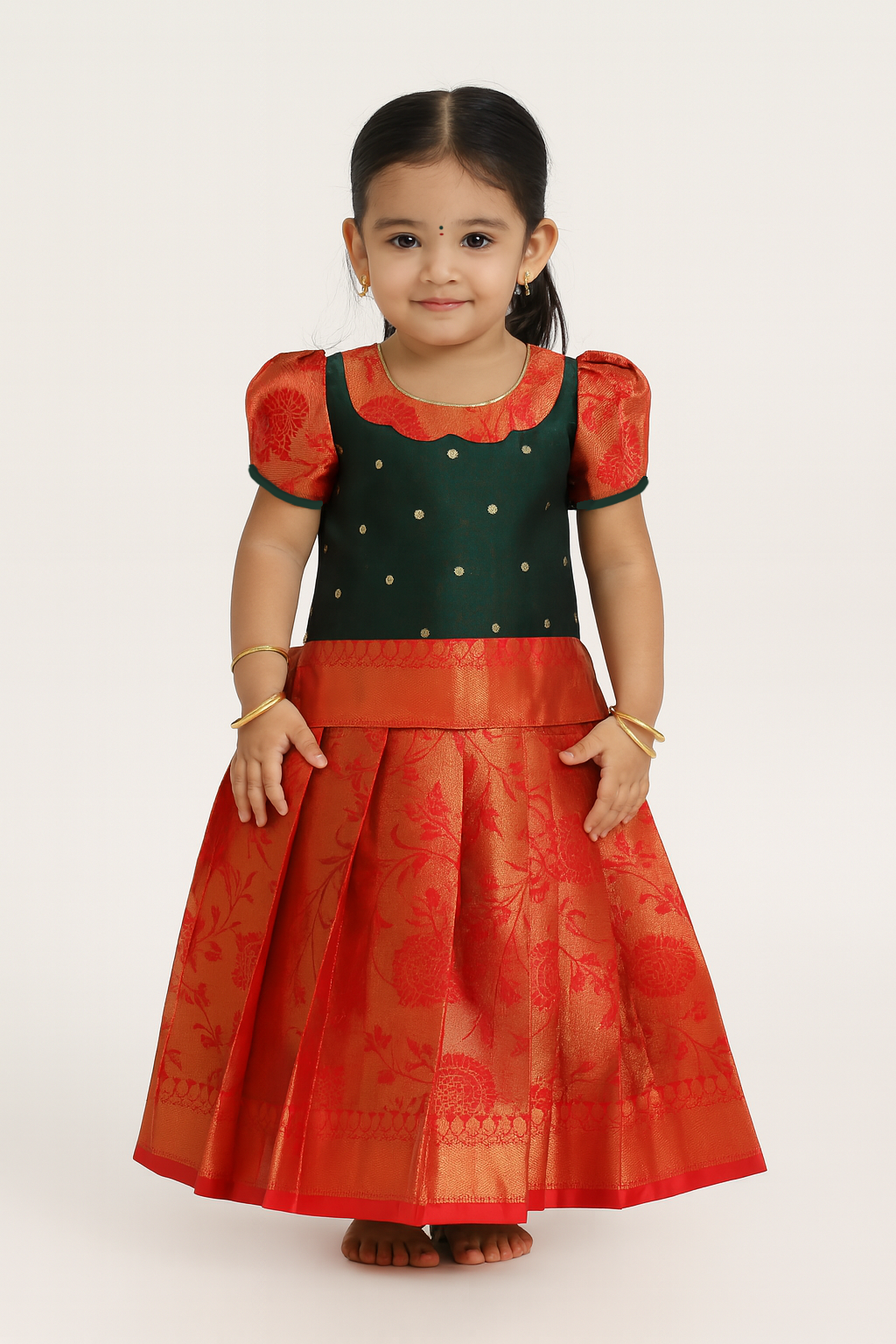 Kids Green With Red  Traditional Pattupavadai PPP1422