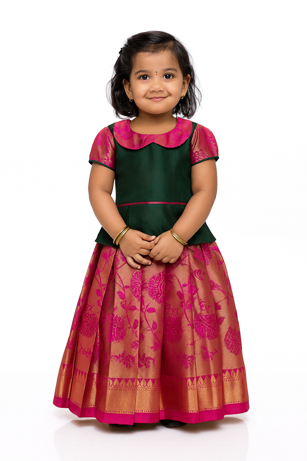 Kids Green And Pink Traditional Pattupavadai PPP1354