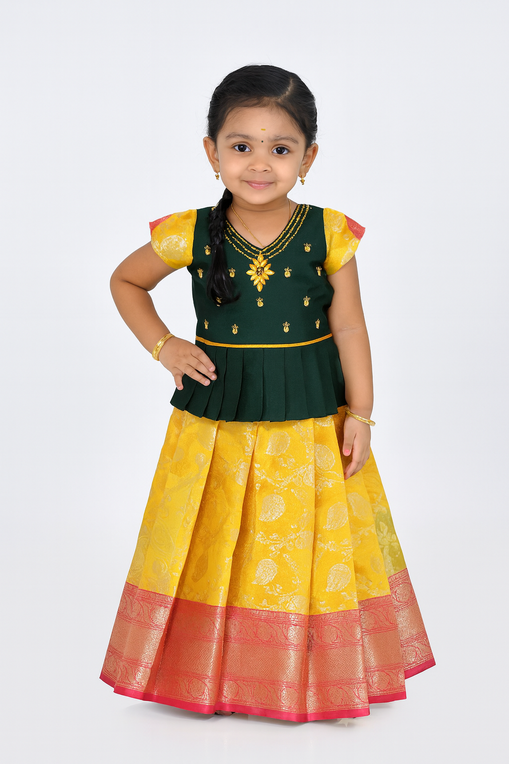 Prince N Princes Dark green And Yellow AARI Work pattu Pavadai PPP1406