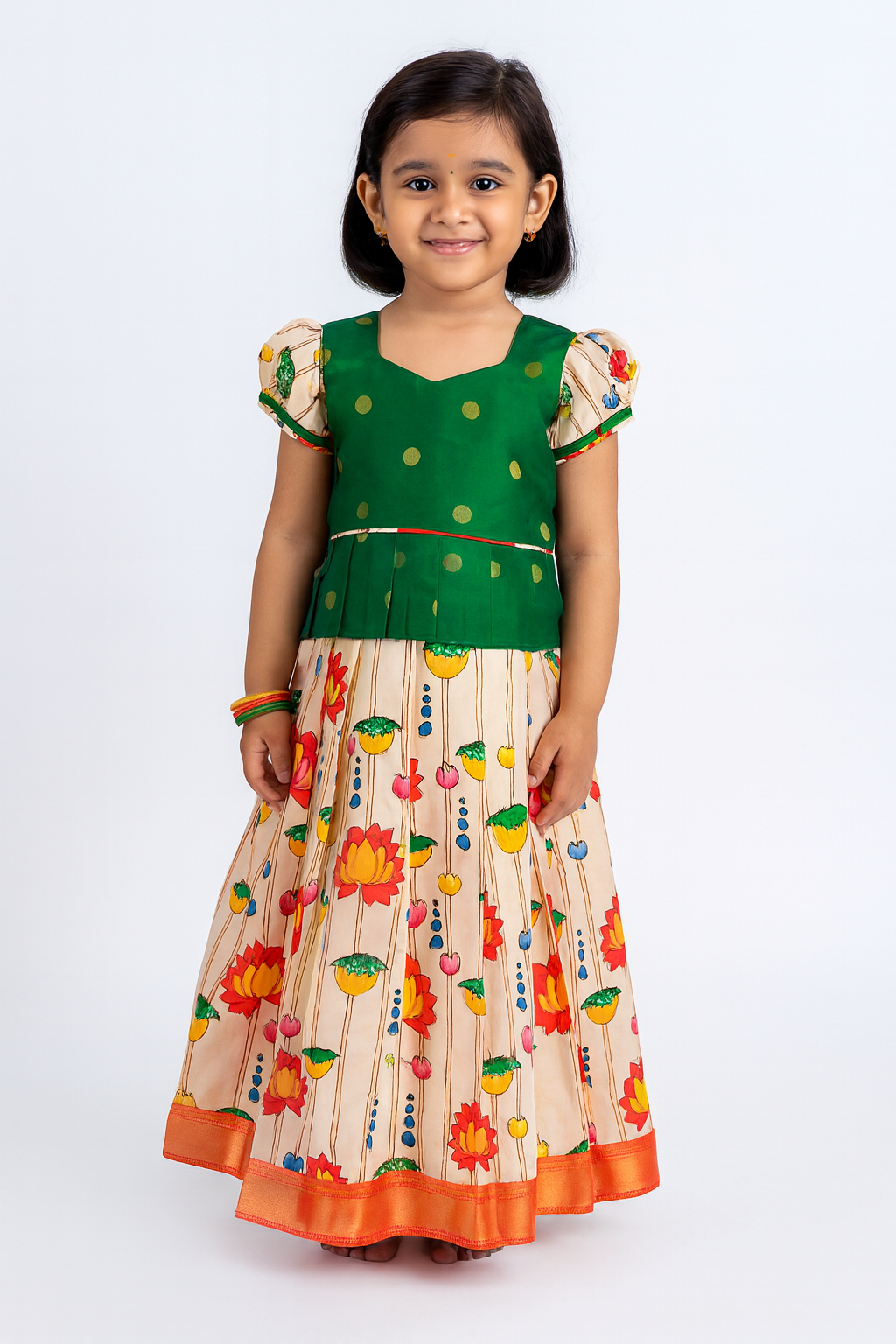Kids Green Half White Festival Wear Pattu Pavadai PPP1411