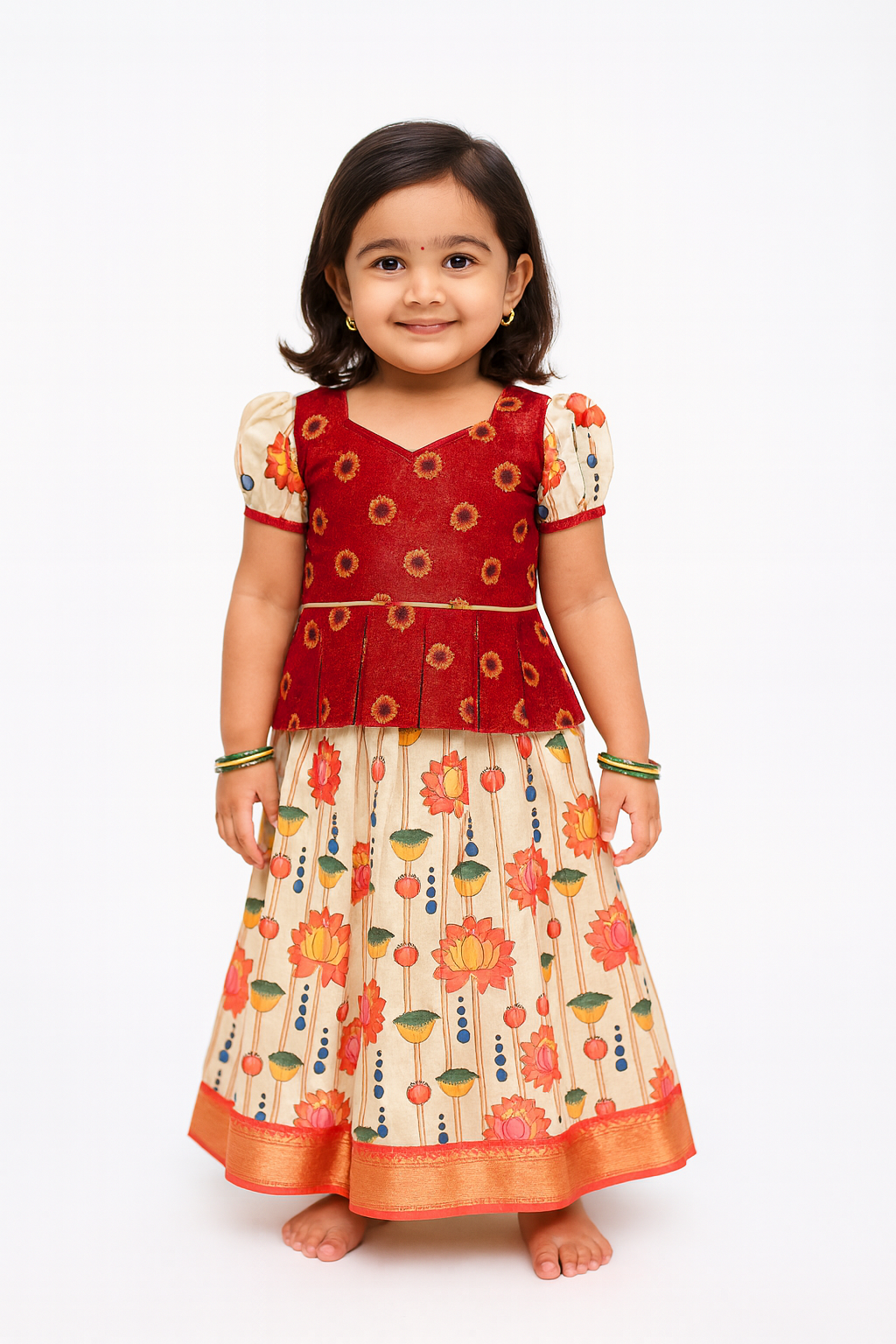 Kids Red  With Half White Festival Wear Pattu Pavadai PPP1427