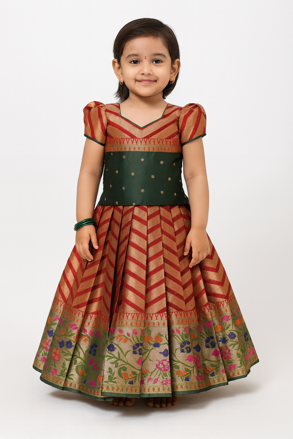 Prince N Princess Bottle Green With Red Traditional Pattu Pavadai PPP1328