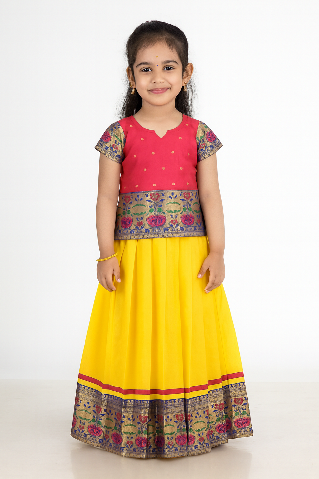 Prince N Princess Kids Pink Yellow Traditional Pattu Pavadai PPP1538