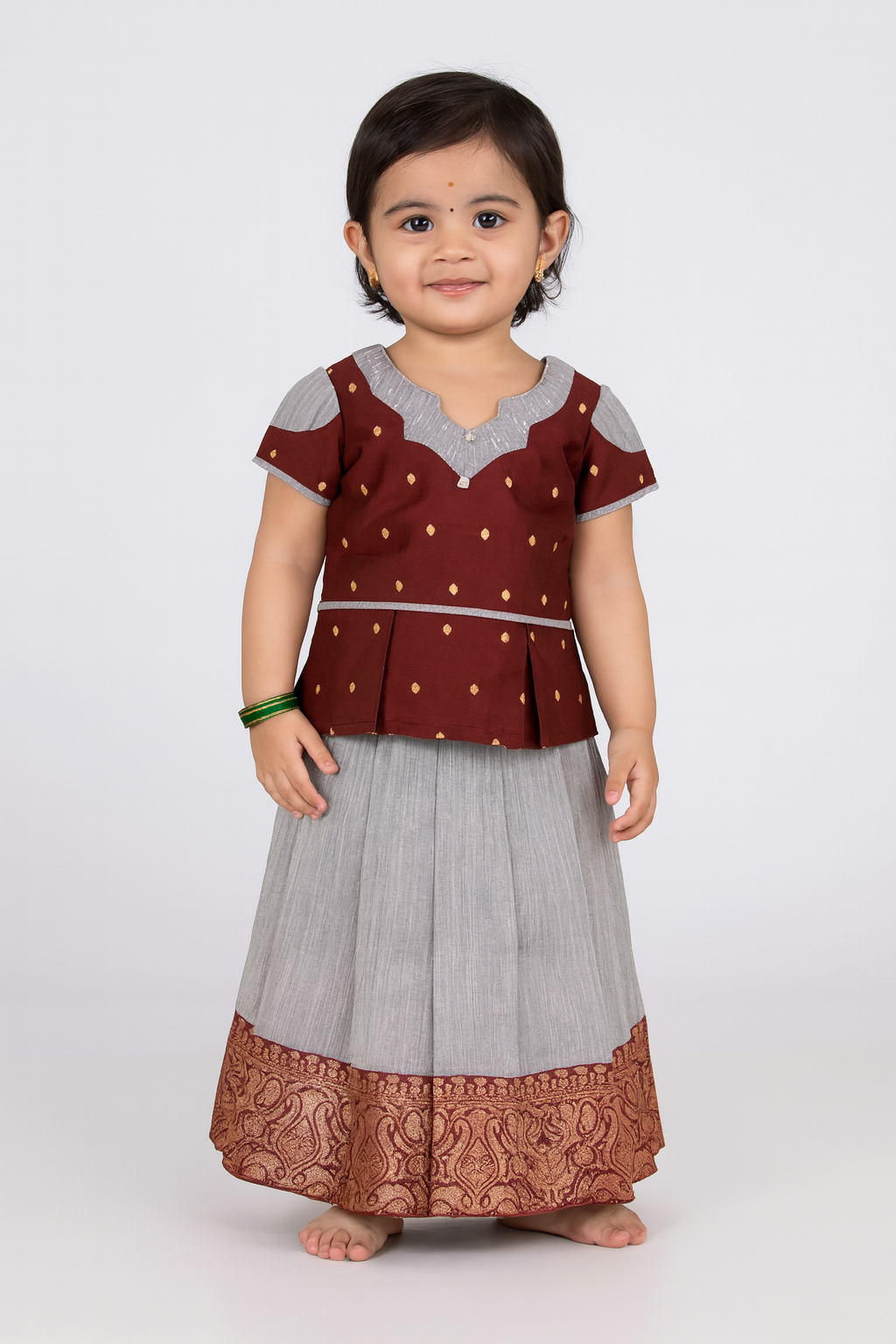 Kids Maroon Grey Traditional Pattu pavadai PPP1509
