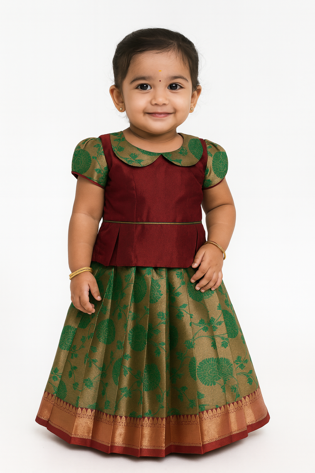 Prince N Princess Maroon And Green Traditional Pattu Pavadai PPP1345