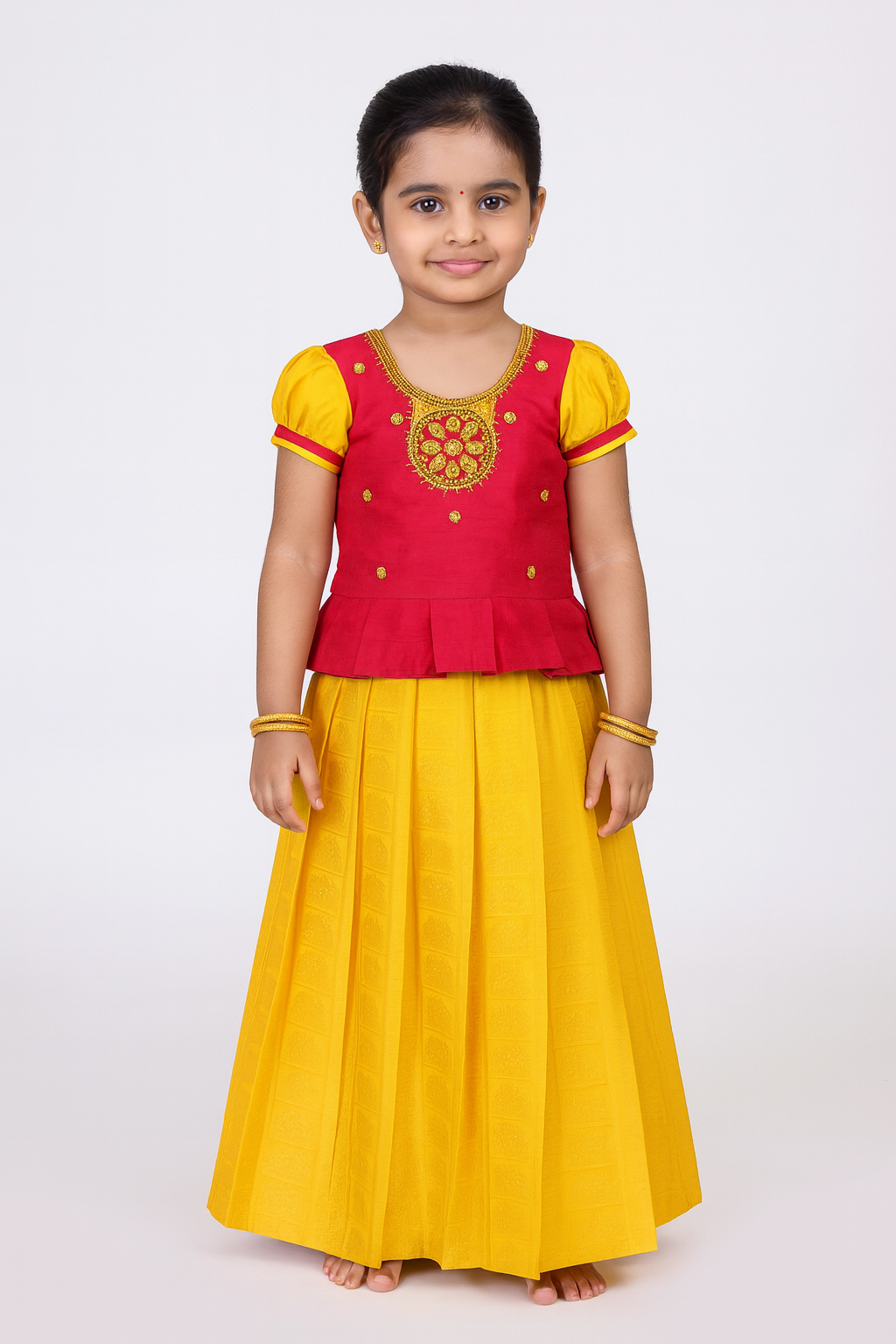 Kids Grand Pink And Golden Embroidery Aari Work Pattu Pavadai  PPP858