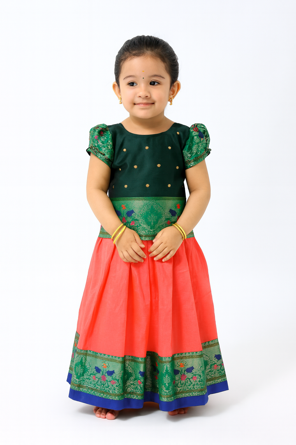 Prince N Princess Kids Green And  Peach Traditional Pattu Pavadai PPP1271