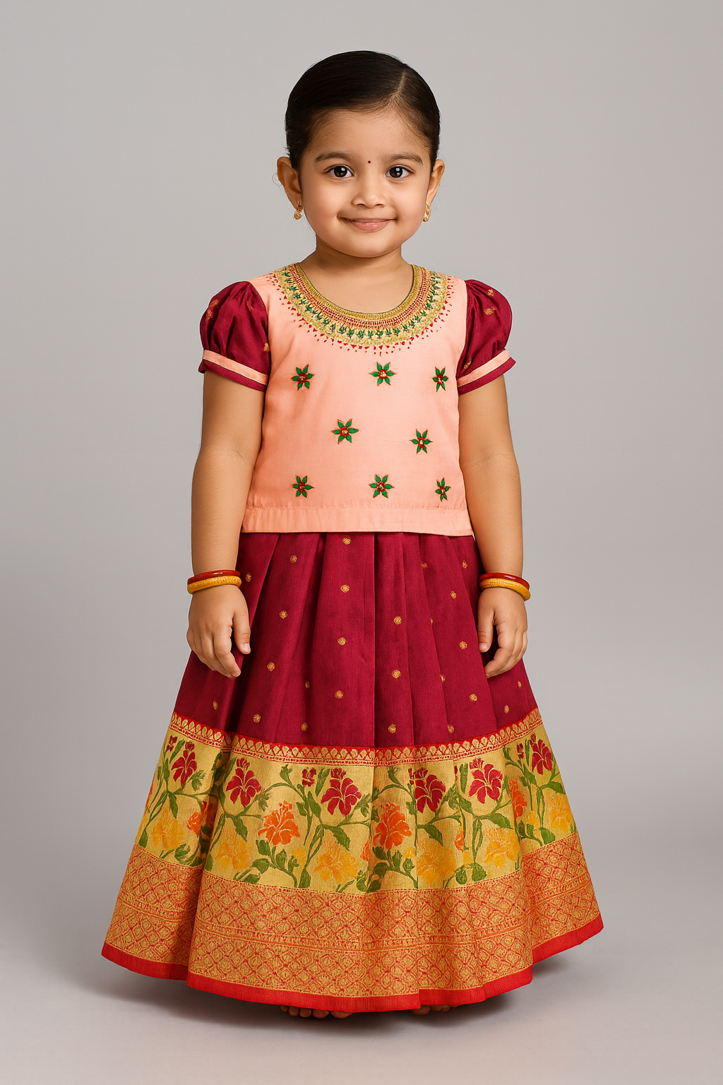Peach Purple Embroidery Aari Work Pattu Pavadai  PPP986