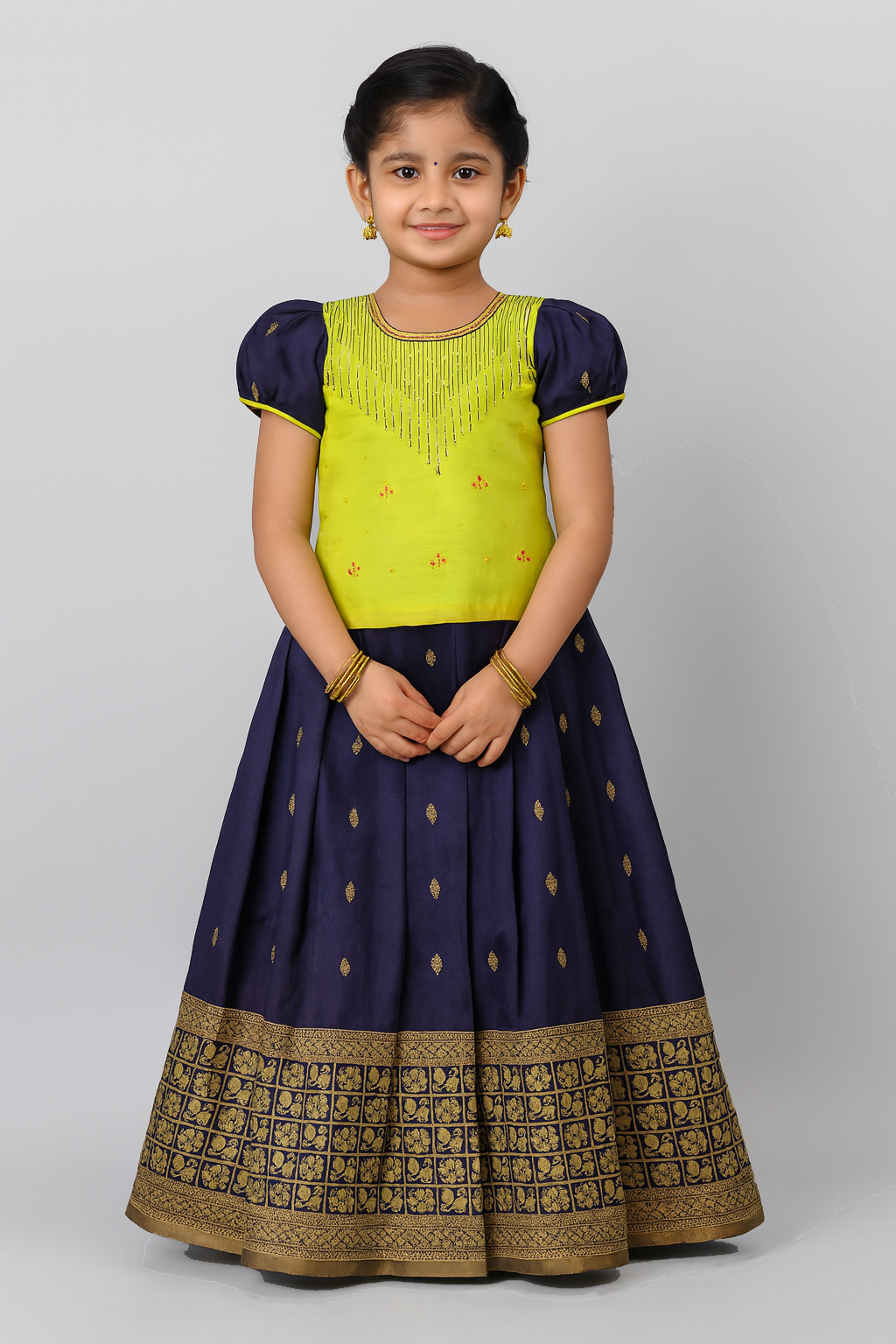 Kids Sky Green Navy Blue Embroidery Aari Work Pattu Pavadai Ppp982