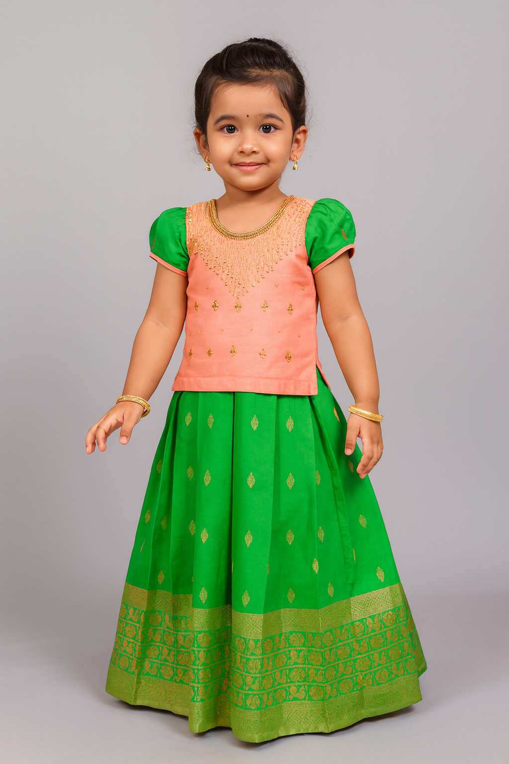 Kids Peach Green Embroidery Aari Work Pattu Pavadai  PPP981