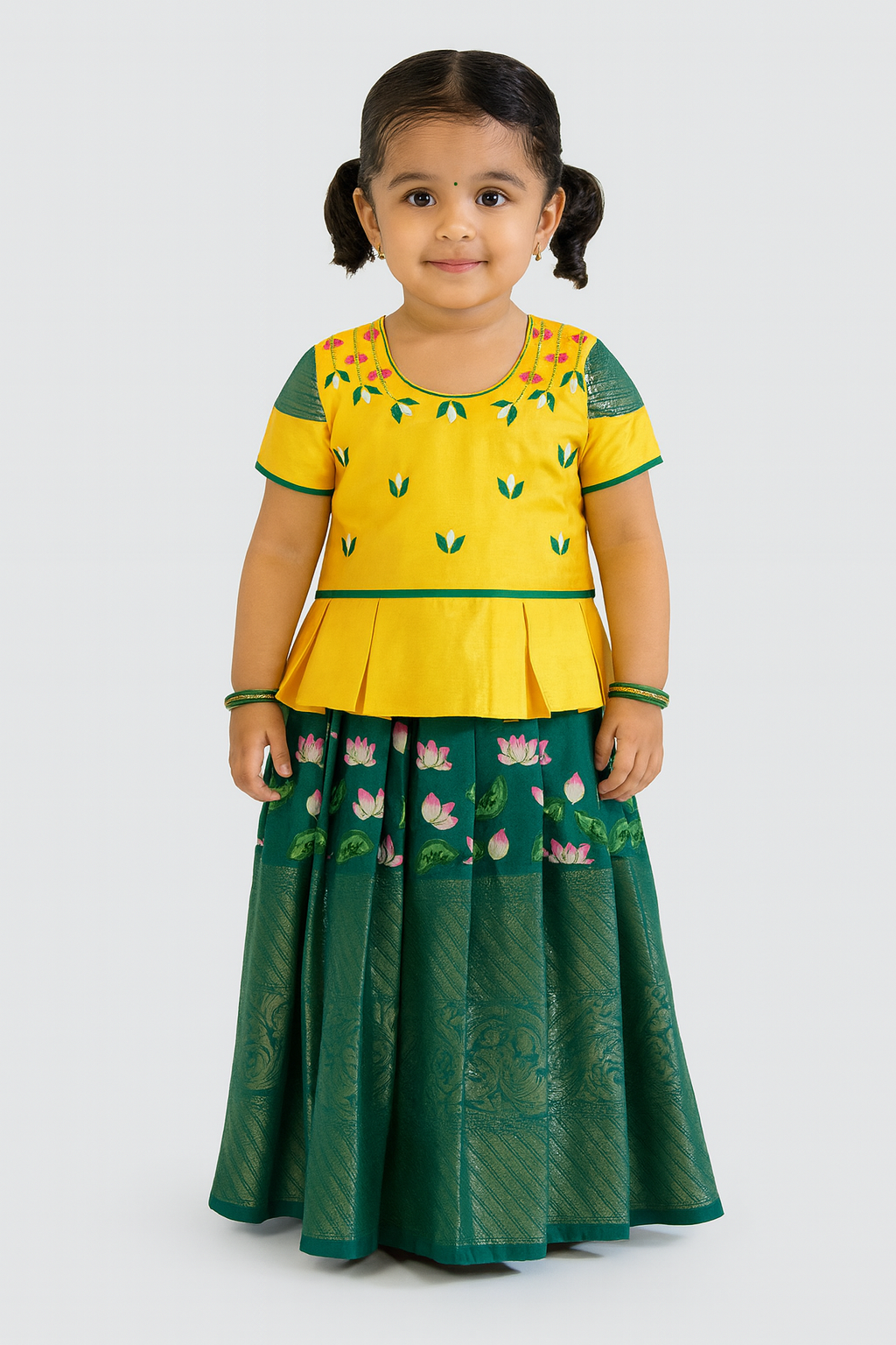 Prince N Princess Yellow And Green AARI Work pattu Pavadai PPP1391