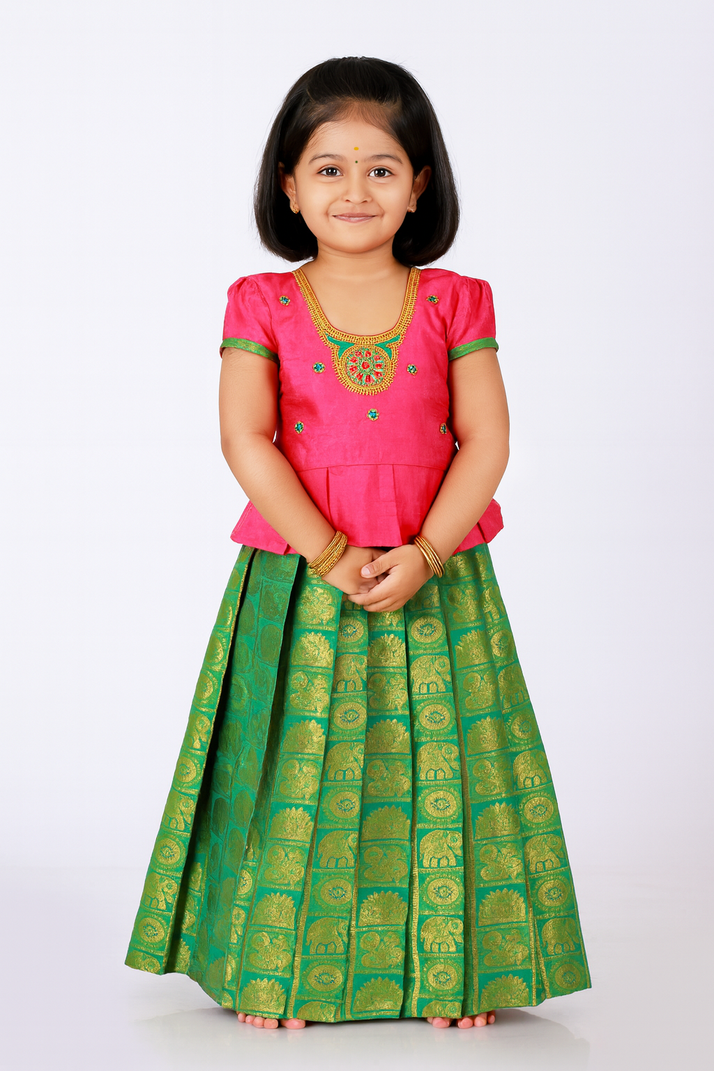 Pink And green aari work Traditional Pattu Pavadai PPP747