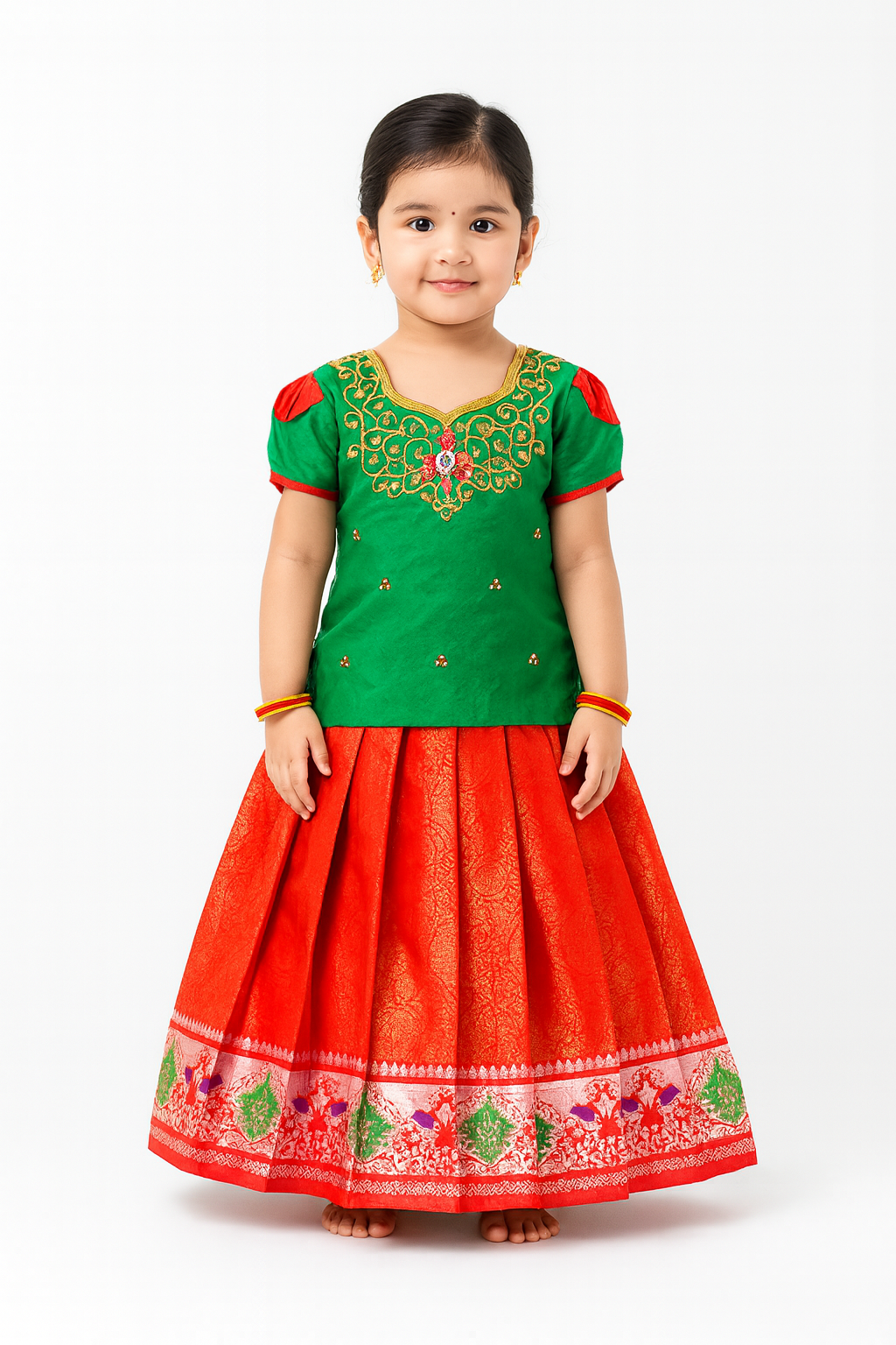 Kids Grand Green Red Embroidery Aari Work Pink Zari Pattu Pavadai PPP1183