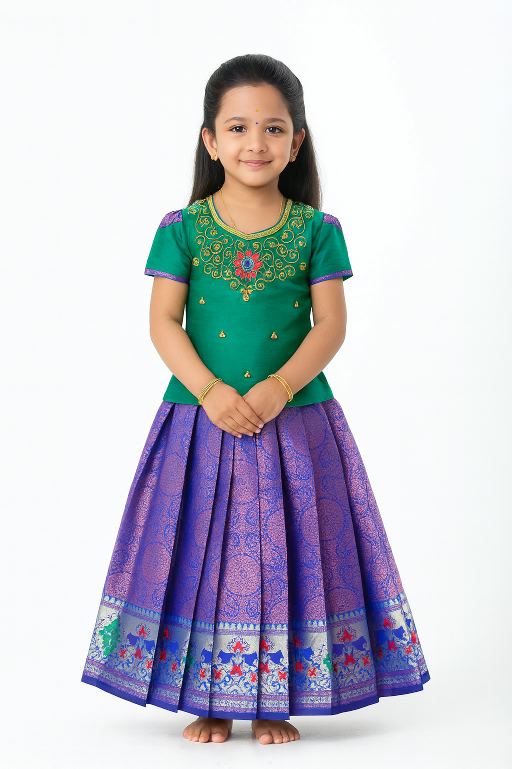 Kids Grand Green Blue Embroidery Aari Work Pink Zari Pattu Pavadai PPP1187