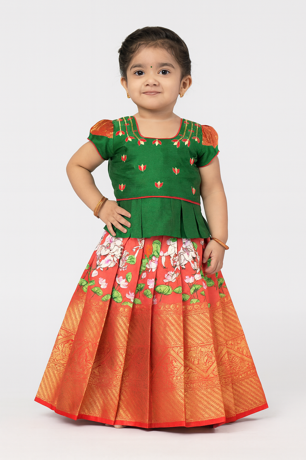 Prince N Princess Green With Red AARI Work pattu Pavadai PPP1395