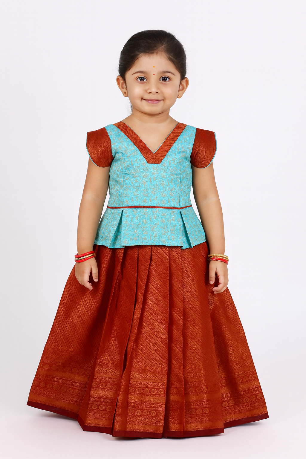 Kids Ice Blue with Copper Traditional Pattupavadai PPP1814