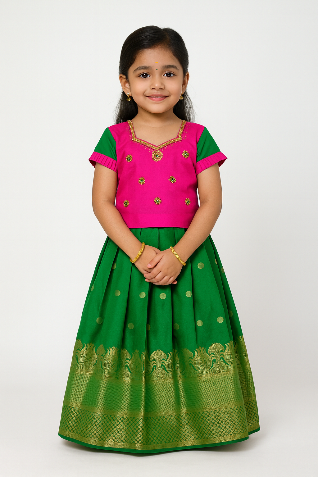 Rani Pink And Green Embroidery Aari Work Pattu Pavadai Ppp1008