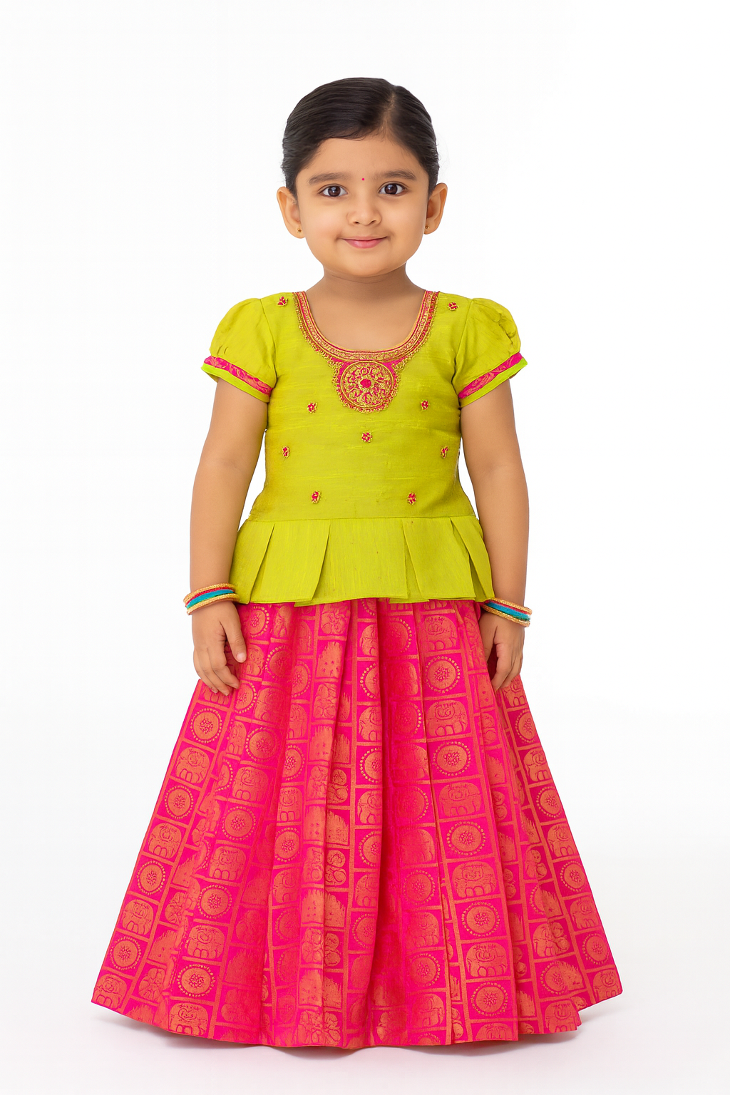 Kids Grand Green Pink  Aari Work Pattu Pavadai  PPP640