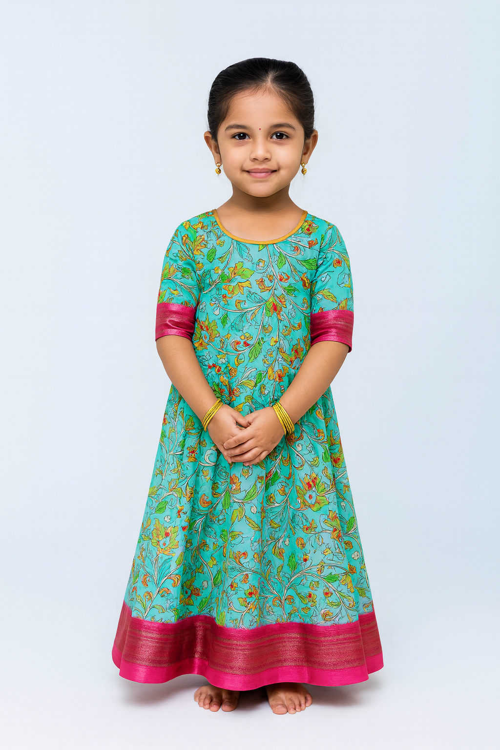 Traditional  Blue Pink Kalamkari Design Gown PG328