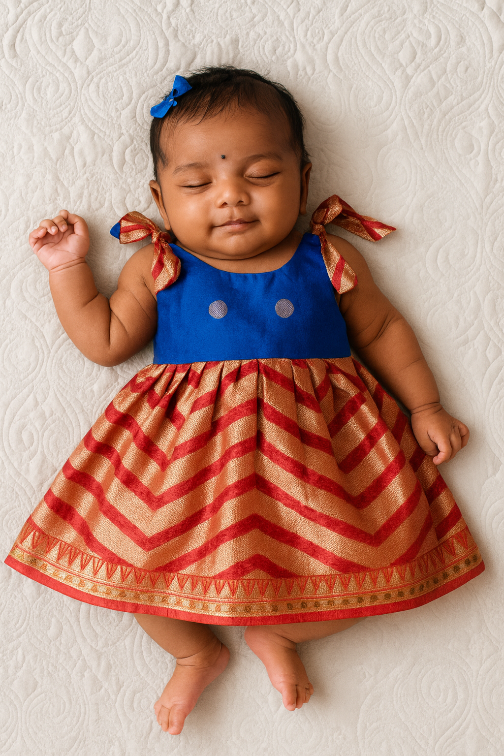 Toddlers Blue Red  Raw Silk Knot Type Frock LF427