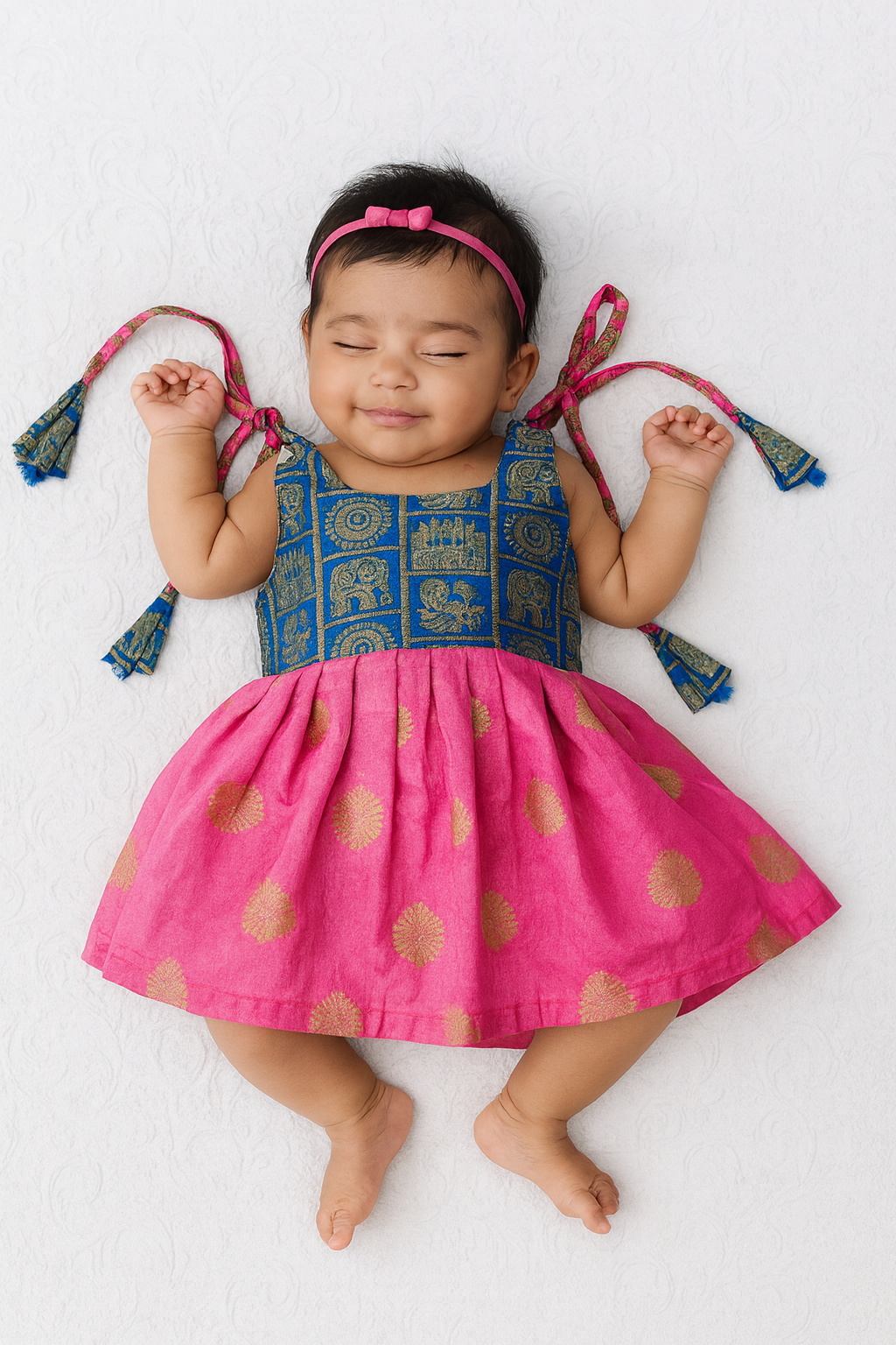 New Born Pink Blue Raw Silk Frock LF336
