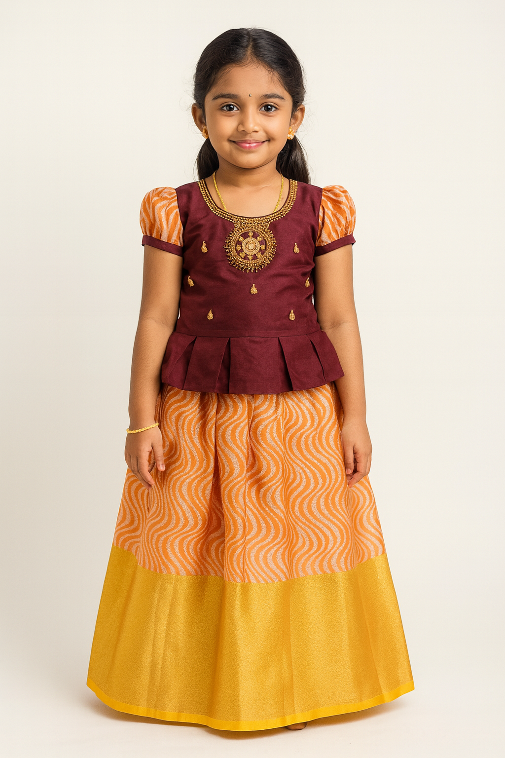 Kids Maroon with Peach Traditional Aari Pattupavadai PPP1789
