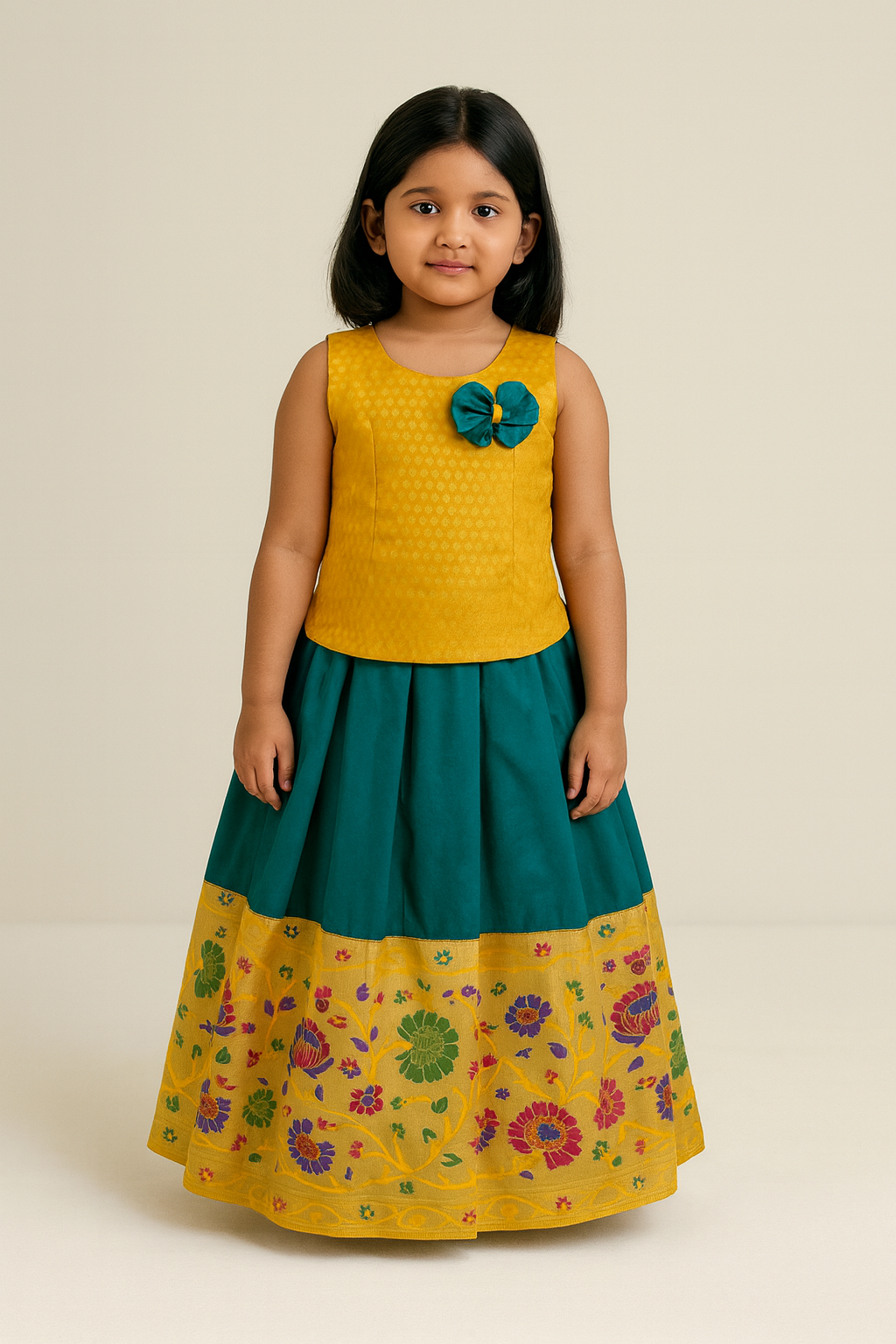 Kids Little Yellow and Green Traditional Pattupavadai PPP1822