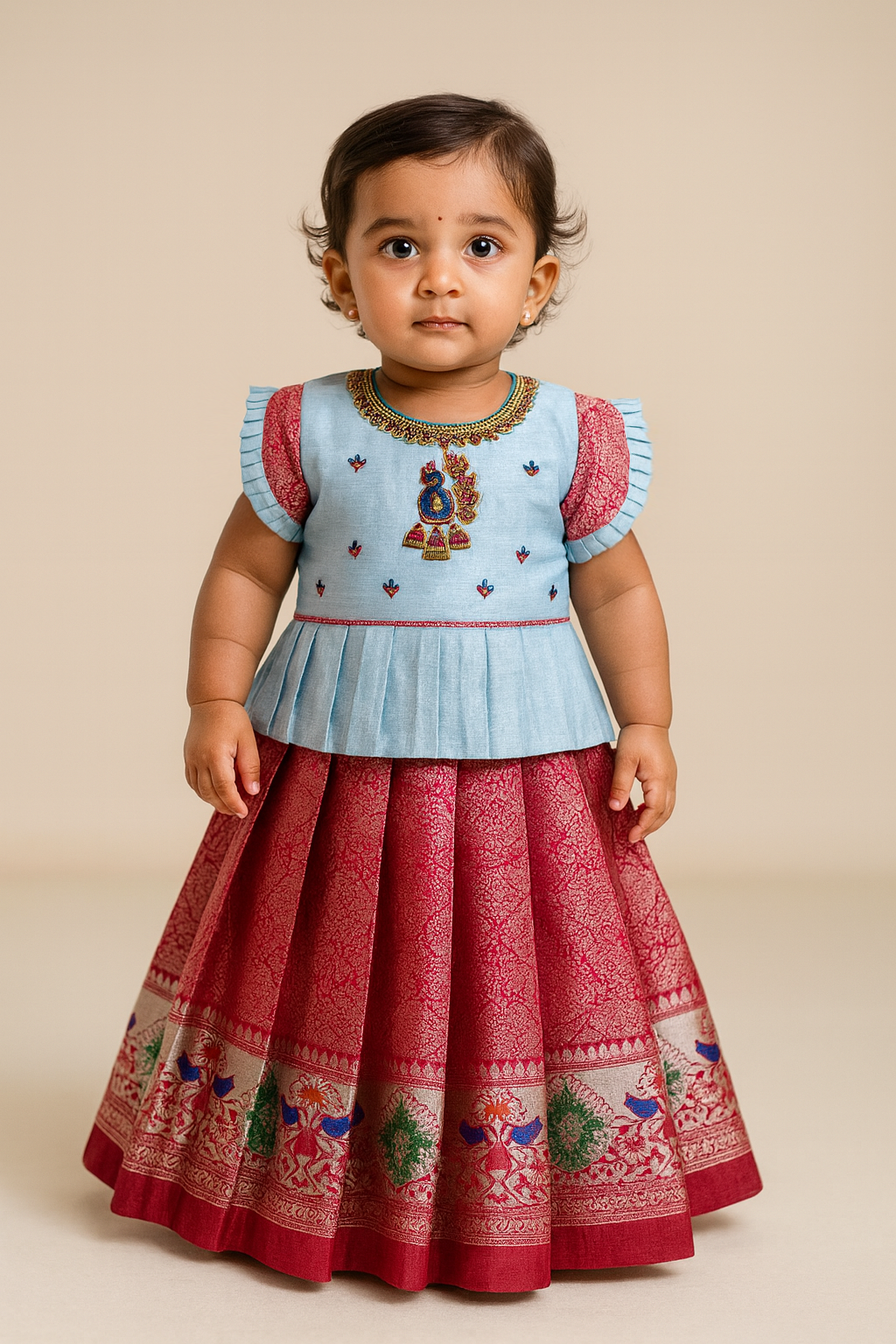 Kids Sky Blue with Pink Traditional Aari Pattupavadai PPP1767