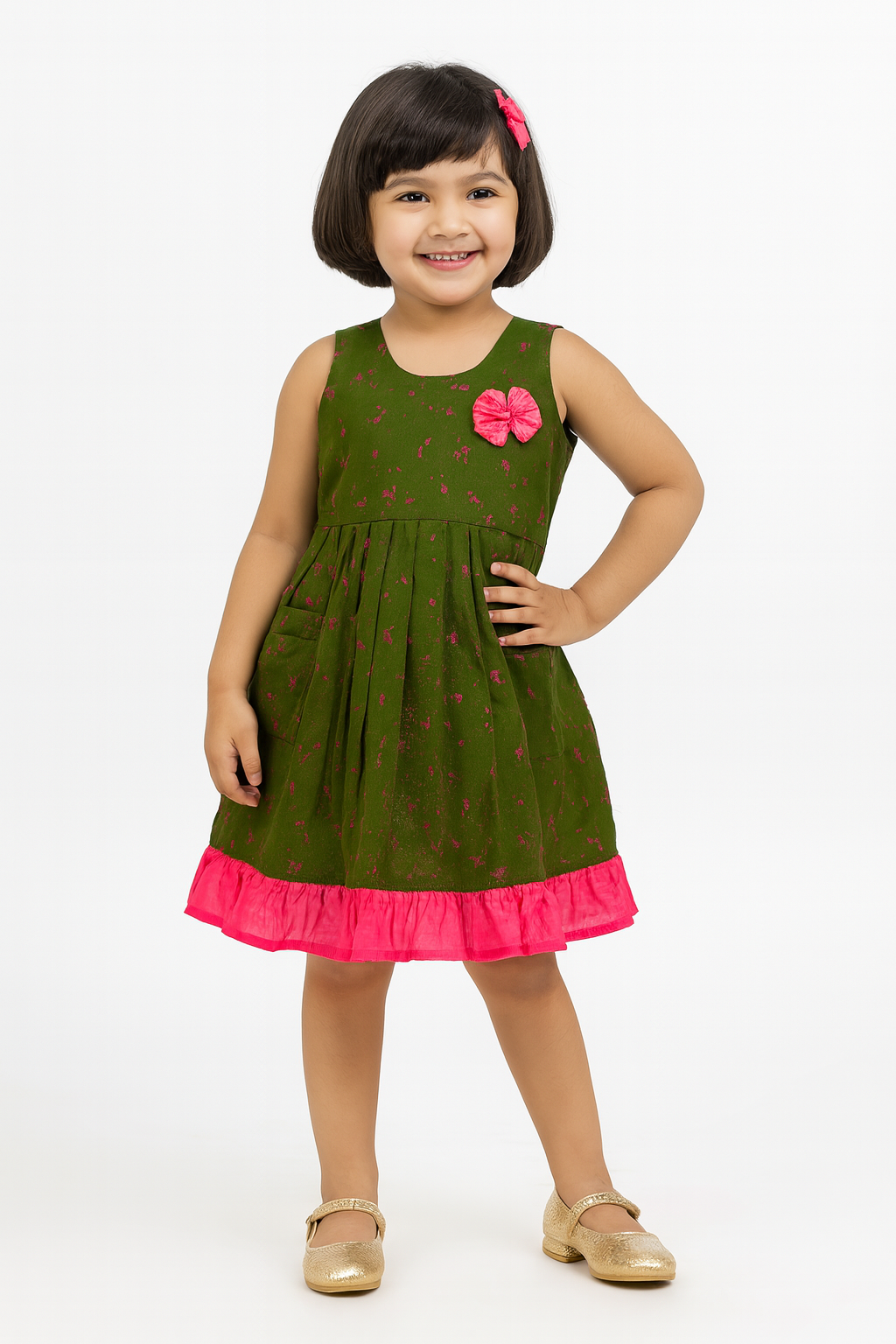 Kids Pink Green Frill Cotton Frock CF274