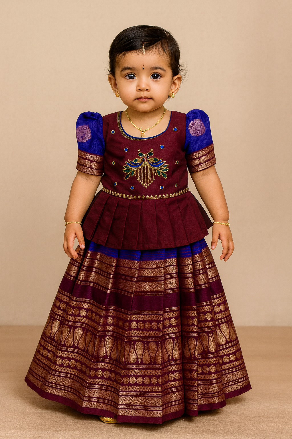 Kids Maroon And Royal Blue Traditional AARI Work Pattu Pavadai PPP1832