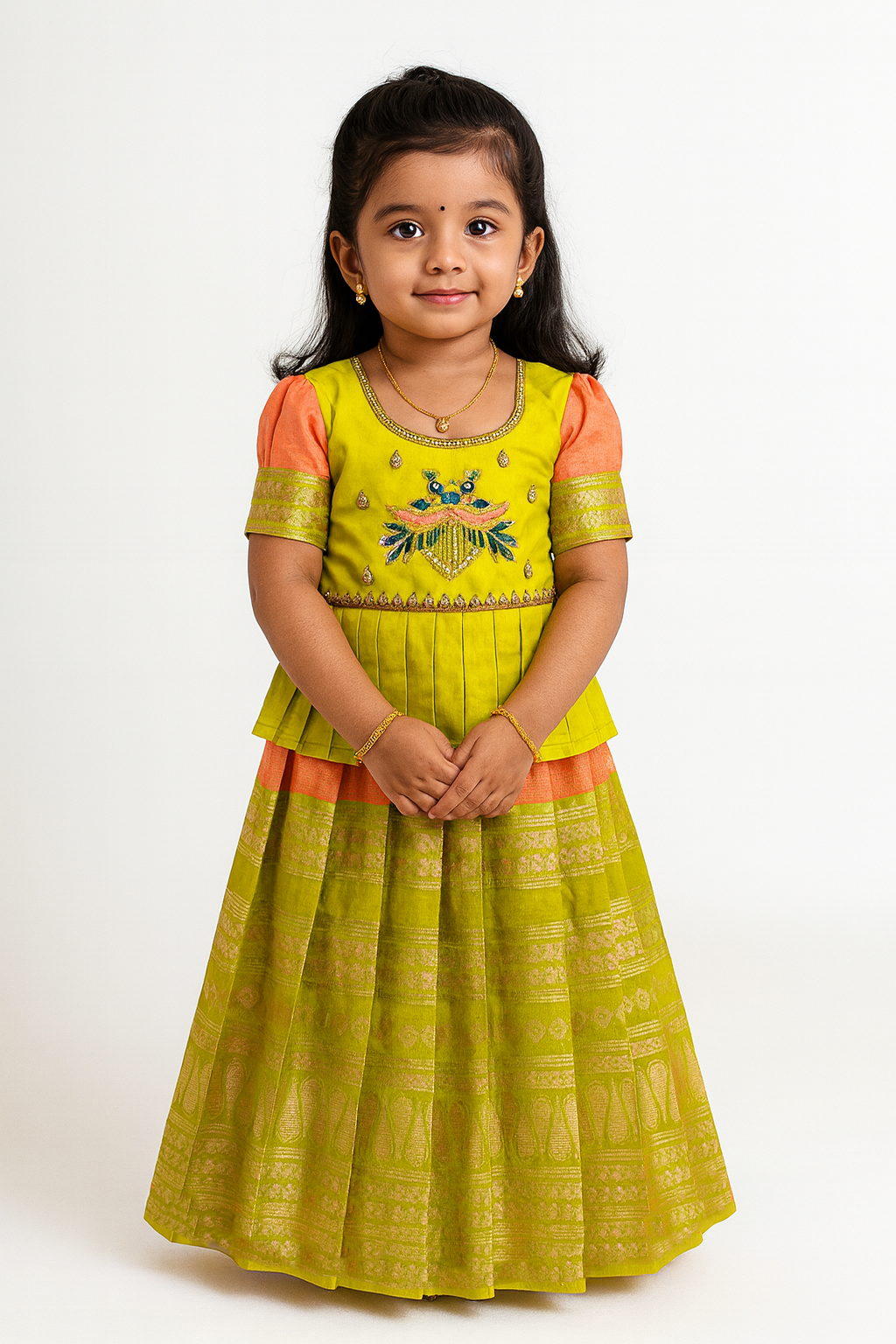 Kids Peach Blue Traditional AARI Work Pattu Pavadai PPP1800