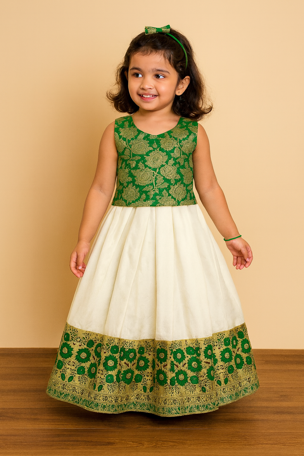 Toddlers Green White Pattu Pavadai PPP1774