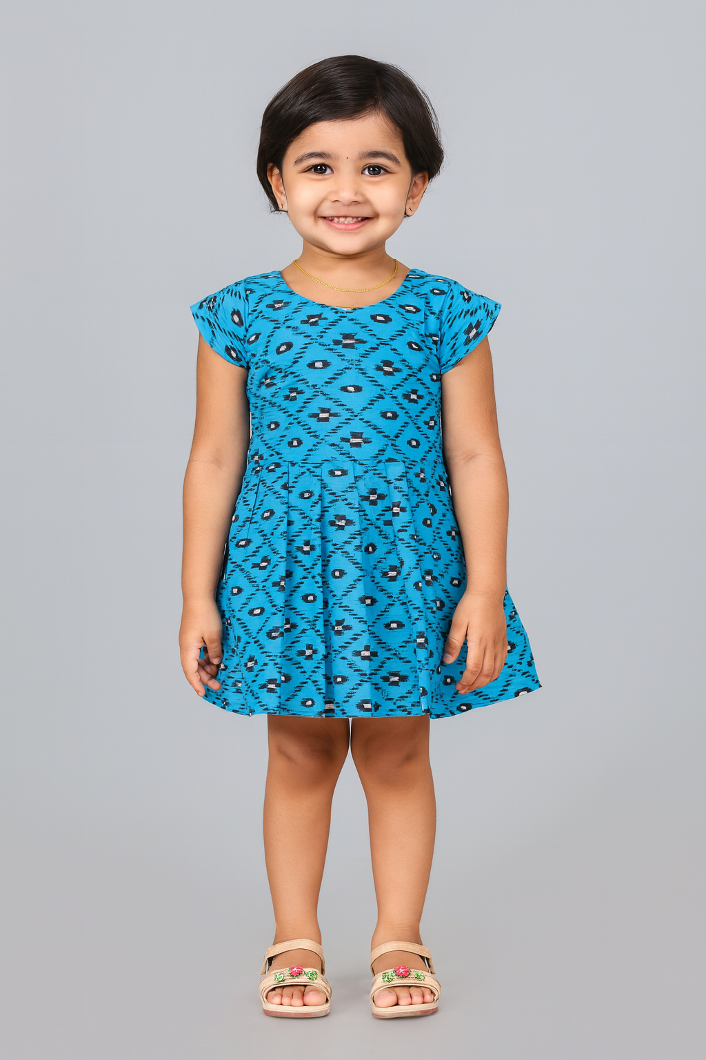 Kids Blue Printed Cotton Frock CF180