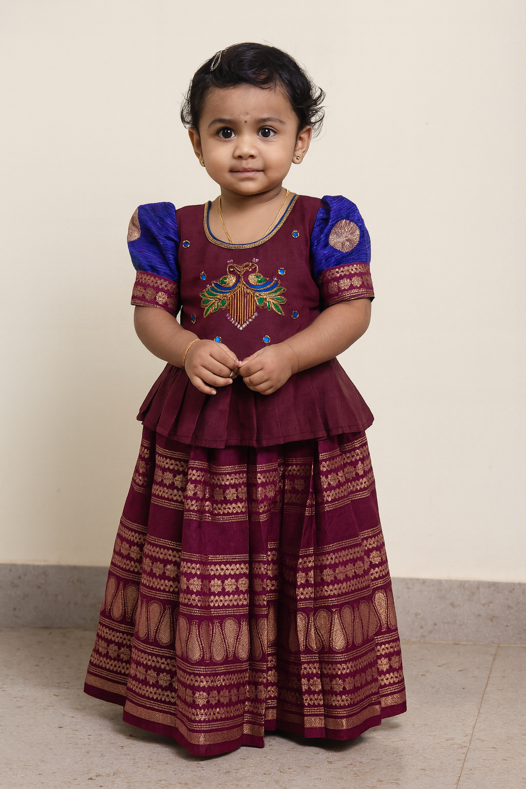 Kids Maroon And Royal Blue Traditional AARI Work Pattu Pavadai PPP1832