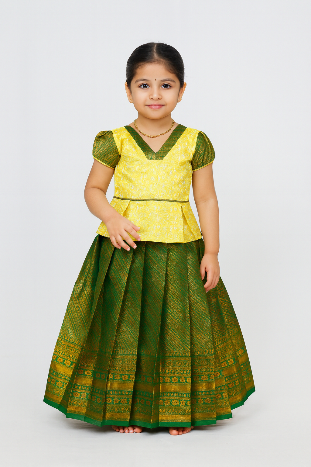 Kids Yellow with Green Traditional Pattupavadai PPP1796
