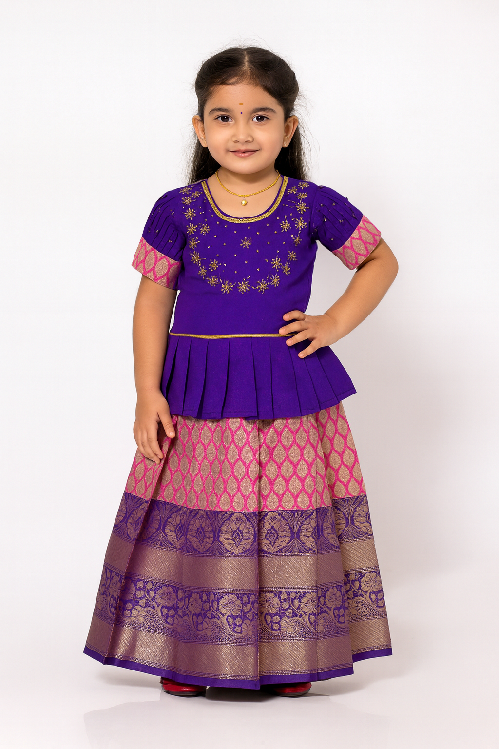 Kids Purple with Pink Traditional AARI Work pattu Pavadai PPP1652