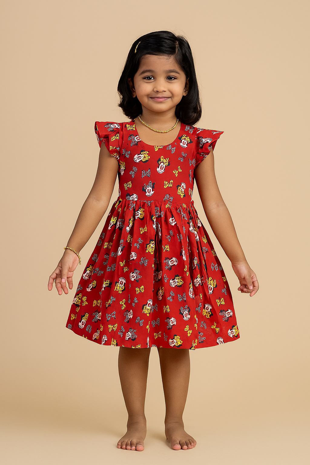 Kids Maroon Mickymouse Printed Cotton Frock CF110
