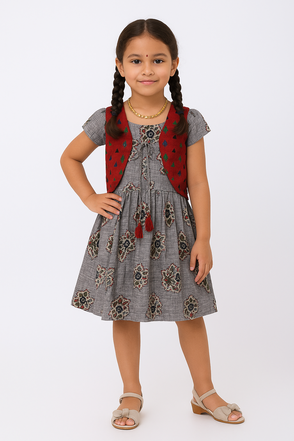 Cotton Maroon Grey Frock with Over coat Desgin CF280