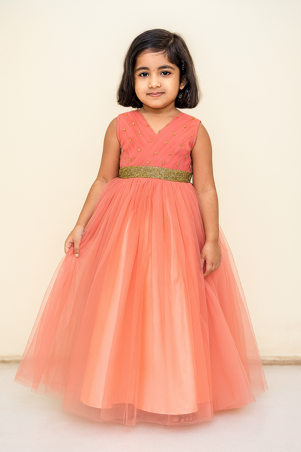 Kids Peach Netted Full Gown  WGF028