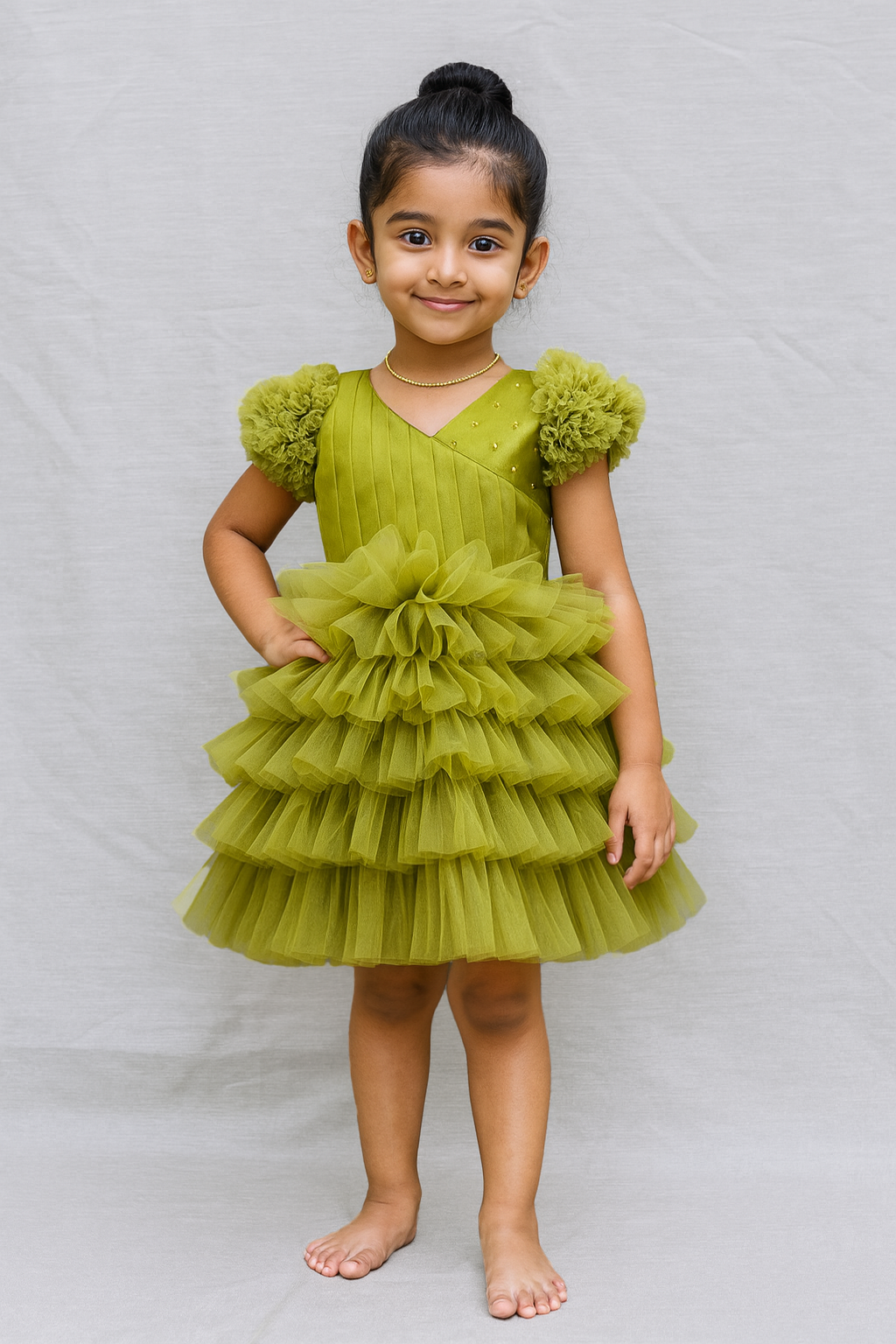 Olive Green Kids Birthday Frock  BG196