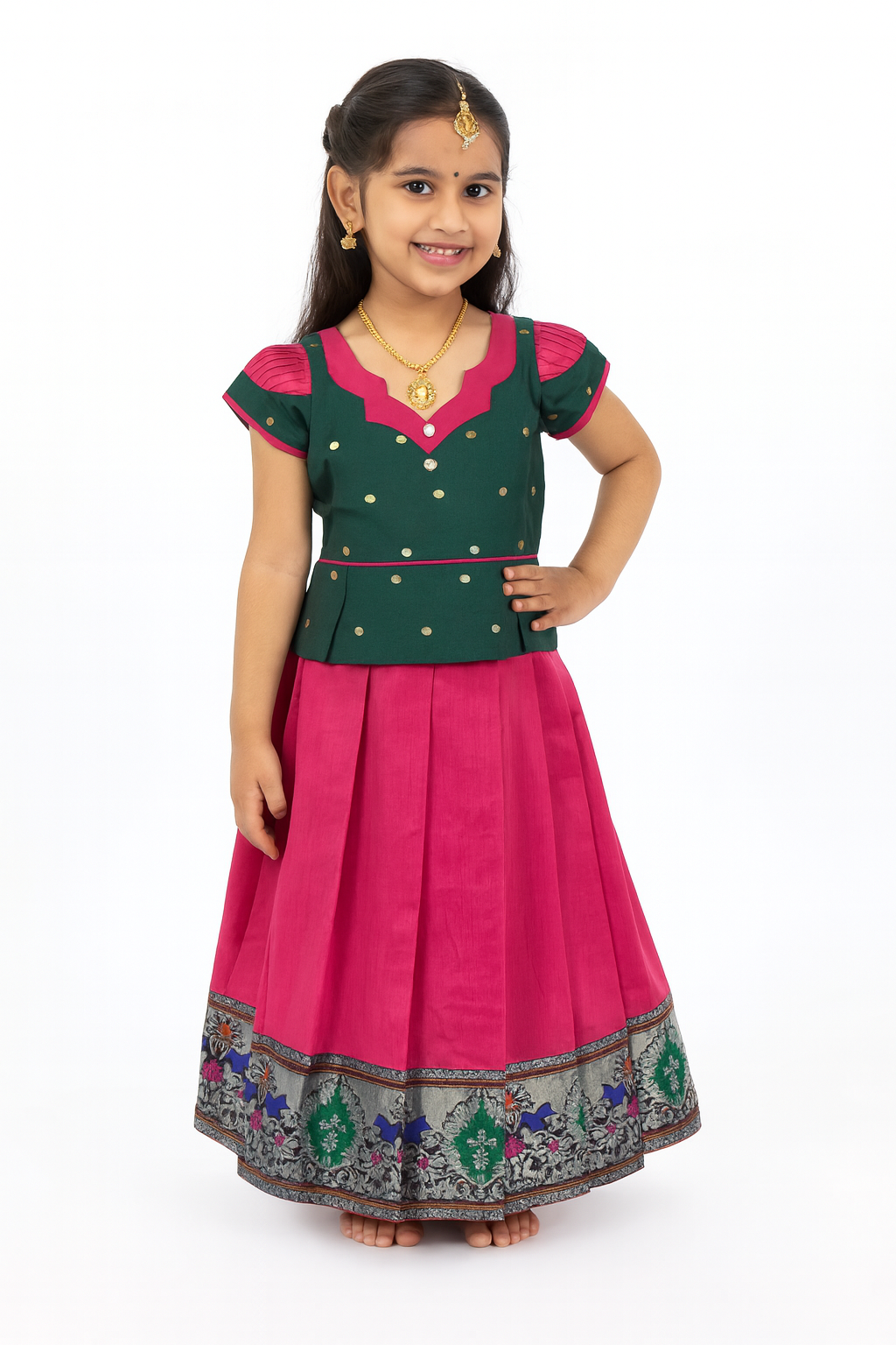 Kids Pink with Green Traditional Pattu pavadai PPP1525