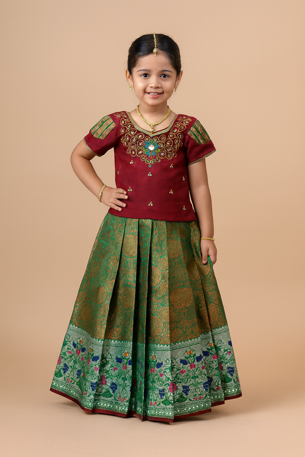 Kids Grand Maroon With Green Aari Work Pattu Pavadai PPP1453