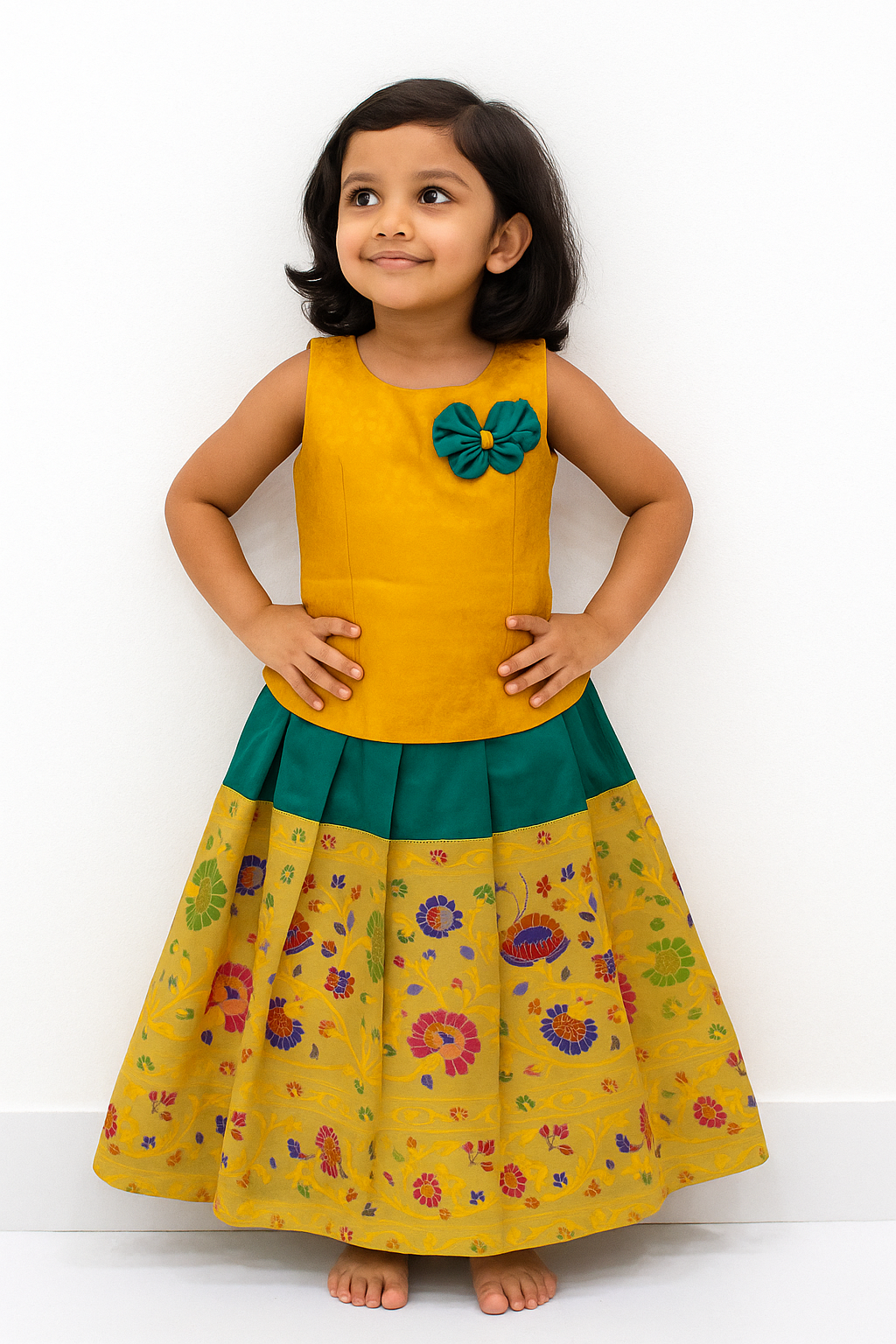 Kids Little Yellow and Green Traditional Pattupavadai PPP1822