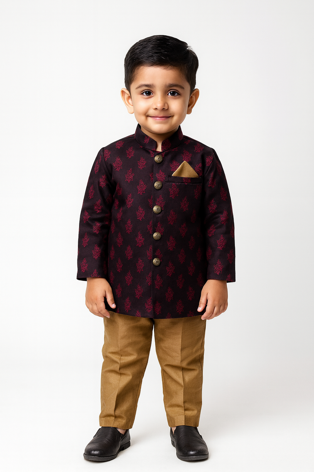 Boys Maroon Printed Silk Kurta Sandal Pajama KP167